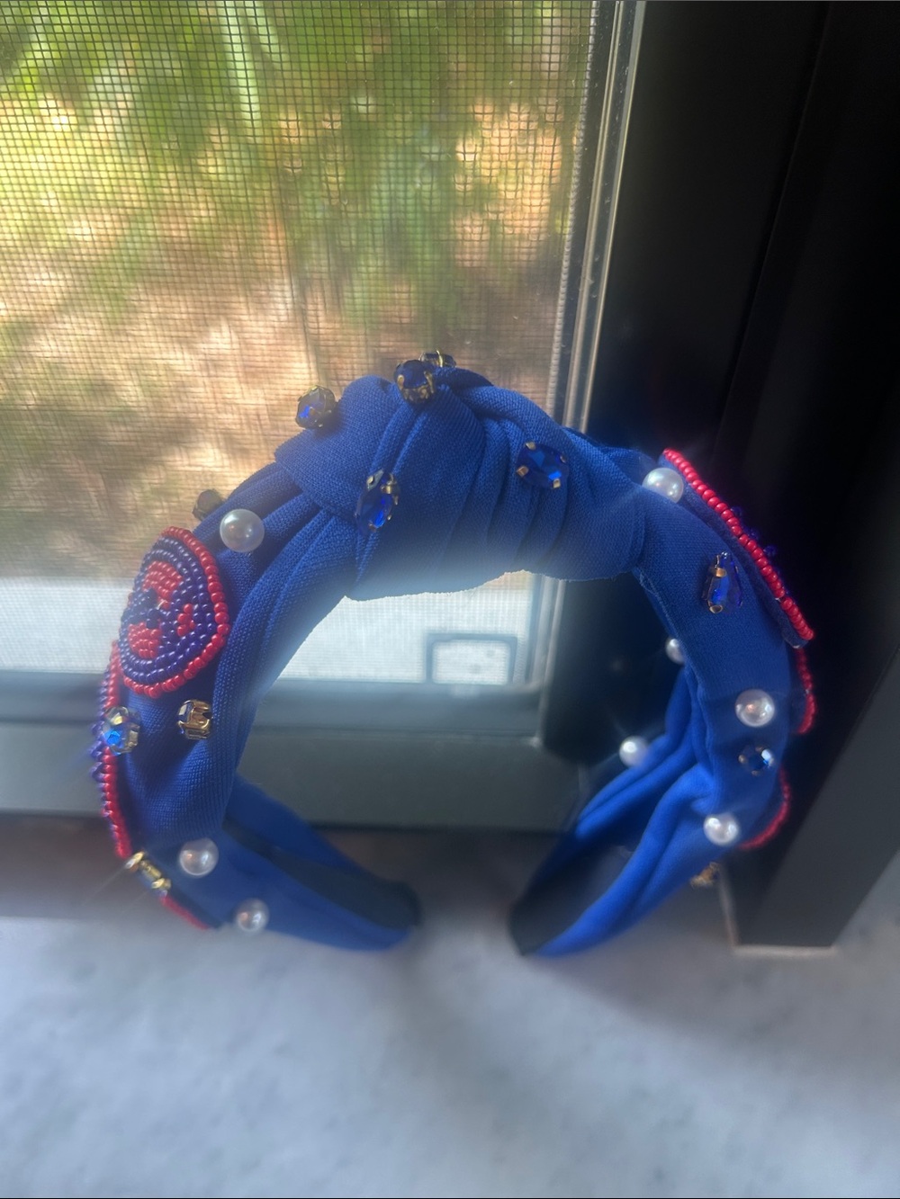 Embellished Knotted Blue Pearl & Bead Headband - Picture 2 of 5